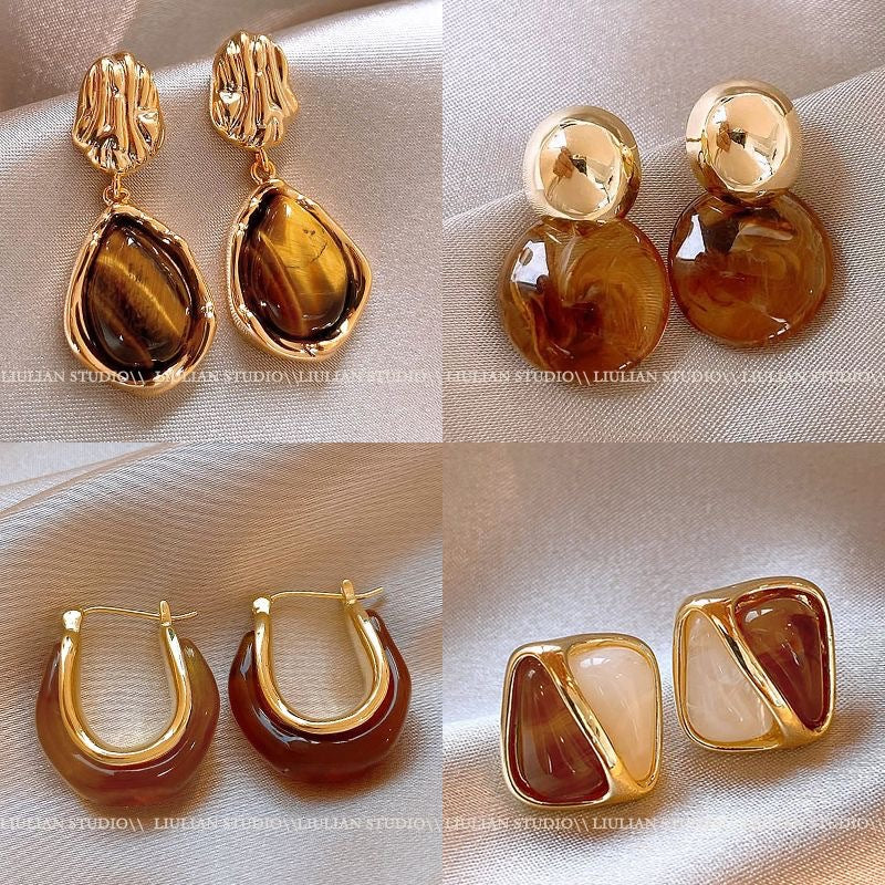 Boucles d'oreilles en pierre oeil-de-tigre Vintage élégantes Légères Luxueuses