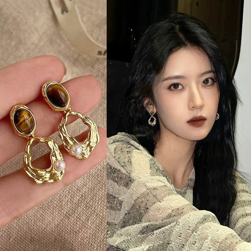 Boucles d'oreilles en pierre oeil-de-tigre Vintage élégantes Légères Luxueuses