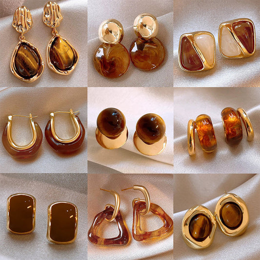 Boucles d'oreilles en pierre oeil-de-tigre Vintage élégantes Légères Luxueuses