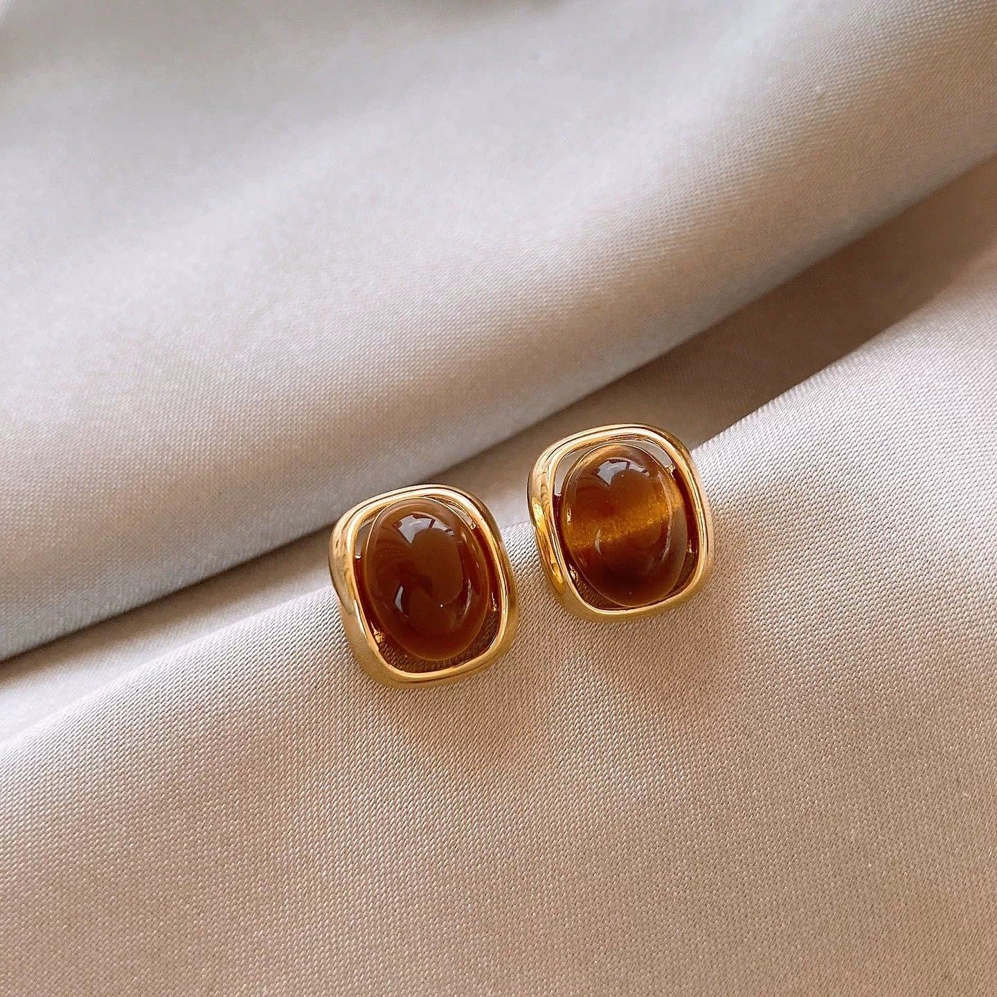 Boucles d'oreilles en pierre oeil-de-tigre Vintage élégantes Légères Luxueuses